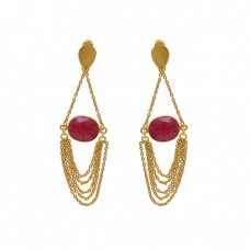  925 Sterling Silver Jewelry  Oval Shape Ruby  Gemstone Gold Plated Earrings