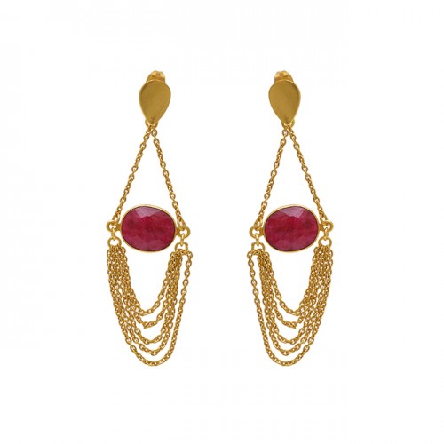  925 Sterling Silver Jewelry  Oval Shape Ruby  Gemstone Gold Plated Earrings