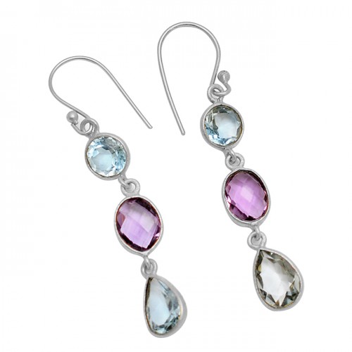 Blue Topaz Amethyst Gemstone Handcrafted 925 Sterling Silver Gold Plated Dangle Earrings 