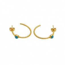  925 Sterling Silver Jewelry Round  Shape Turquoise Gemstone Gold Plated Earrings