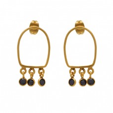 925 Sterling Silver Jewelry Round  Shape Black Onyx Gemstone Gold Plated Earrings