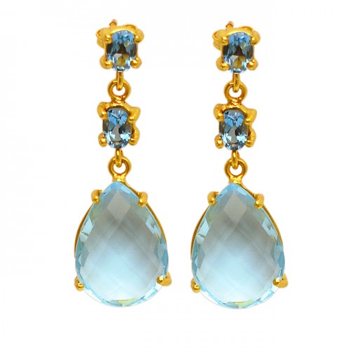 Sterling Silver Prong Setting Blue Topaz Gold Plated Stud Dangle Earrings