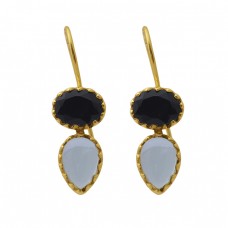  925 Sterling Silver Jewelry  Oval Pear Shape Onyx Topaz  Gemstone Gold Plated Earrings