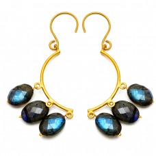 Oval Briolette Labradorite Gemstone 925 Sterling Silver Gold Plated Dangling Earrings 