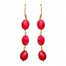 Briolette Oval Shape Ruby Gemstone 925 Sterling Silver Dangle Gold Plated Earrings