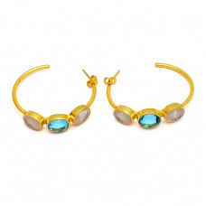 Rainbow Blue Topaz Oval Shape Gemstone Handmade 925 Sterling Silver Hoop Earrings Jewelry 