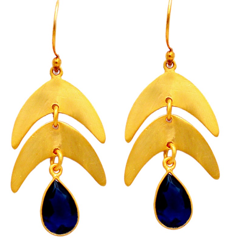
									Lapis Lazuli Gemstone Handcrafted Designer 925 Sterling Silver Gold Plated Earrings 