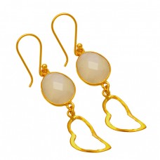 Dangling Briolette Oval Shape Gemstone 925 Sterling Silver Gold Plated Earrings 