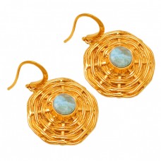 Cabochon Round Shape Larimar Gemstone 925 Sterling Silver Handcrafted Earrings