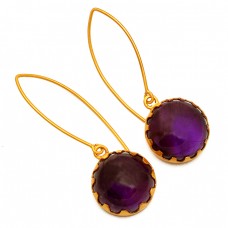 Round Cabochon Amethyst Gemstone Sterling Silver Gold Plated Earrings 