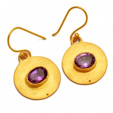 Handcrafted Amethyst Oval Gemstone 925 Sterling Silver Gold Plated Earrings