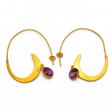 Stylish Amethyst Round Shape Gemstone 925 Sterling Silver Gold Plated Hoop Earrings