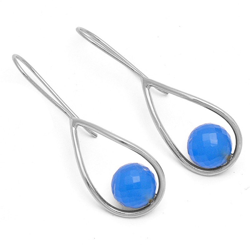 Balls Shape Blue Chalcedony Gemstone Sterling Silver Gold Plated Fixed Ear Wire Earrings