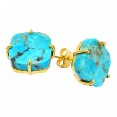 turquoise Cushion Gemstone 925 Sterling Silver Gold Plated Stud Earrings Jewelry 