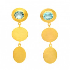 Blue Topaz Faceted Oval Gemstone Sterling Silver Gold Plated Stud Dangle Earrings : Price $19.90