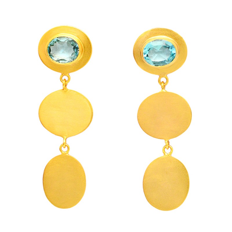 
									Blue Topaz Faceted Oval Gemstone Sterling Silver Gold Plated Stud Dangle Earrings  