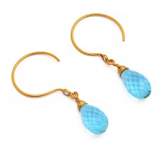 Blue Topaz Pear Drops Shape Gemstone 925 Sterling Silver Gold Plated Dangle Earrings