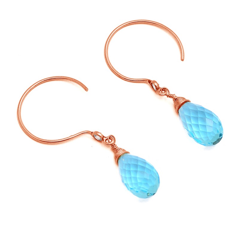 Blue Topaz Pear Drops Shape Gemstone 925 Sterling Silver Gold Plated Dangle Earrings