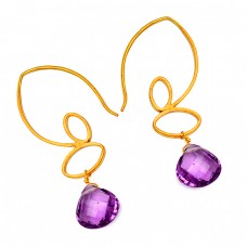 Stylish Handcrafted Amethyst Gemstone Dangle Earrings 925 Sterling Silver Gold Plated Jewelry