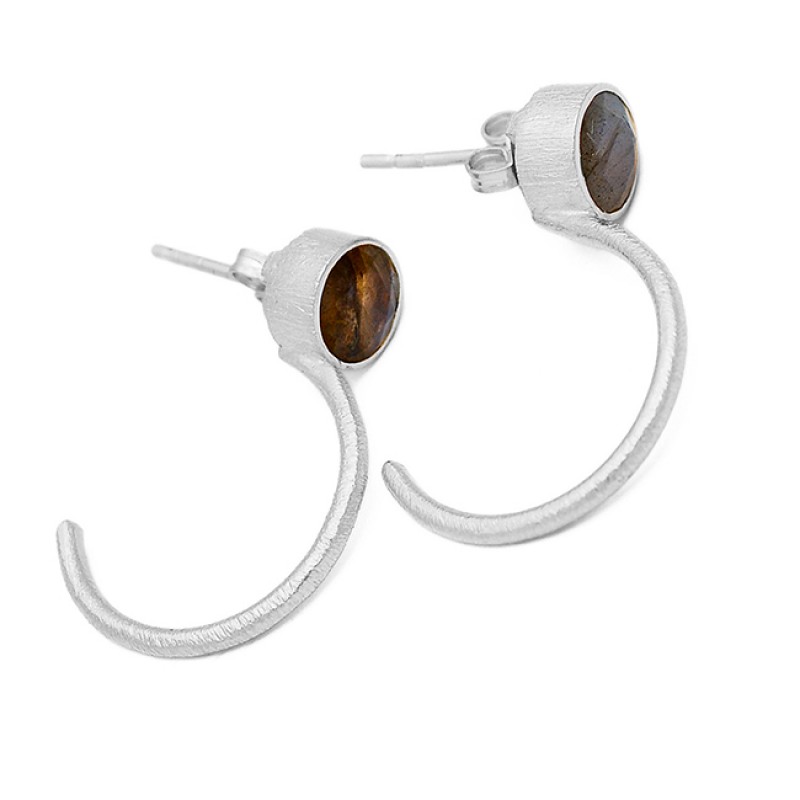 Smoky Quartz Round Shape Gemstone Sterling Silver Gold Plated Hoop Earrings