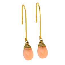 Briolette Pear Shape Rose Chalcedony Gemstone 925 Sterling Silver Gold Plated Earrings