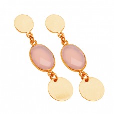 Bezel Setting Rose Chalcedony Gemstone 925 Sterling Silver Gold Plated Dangle Stud Earrings 