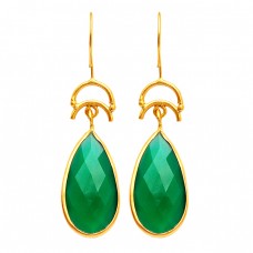 Briolette Pear Green Onyx Gemstone Dangle Earrings 925 Sterling Silver Gold Plated Jewelry