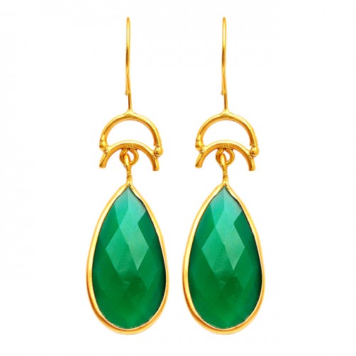 Briolette Pear Green Onyx Gemstone Dangle Earrings 925 Sterling Silver Gold Plated Jewelry