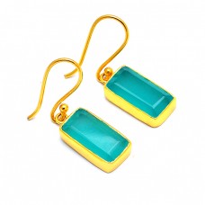 Rectangle Prehnite Color Chalcedony Gemstone 925 Sterling Silver Gold Plated Earrings : Price $13.80