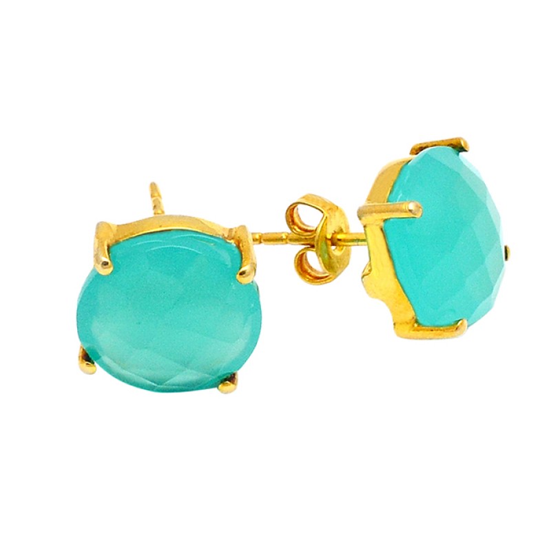 Round Briolette Chalcedony Gemstone 925 Sterling Silver Gold Plated Prong Setting Stud Earrings
