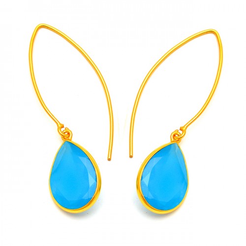 Faceted Pear Turquoise Gemstone 925 Sterling Silver Gold Plated Hoop Earrings