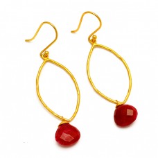 Briolette Heart Shape Ruby Gemstone 925 Sterling Silver Gold Plated Dangle Earrings