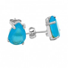 Aqua Chalcedony Gemstone Pear Cut 925 Sterling Silver Gold Plated Earrings