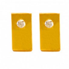 925 Sterling Silver Round Shape Cubic Zirconia Gemstone Gold Plated Stud Earrings