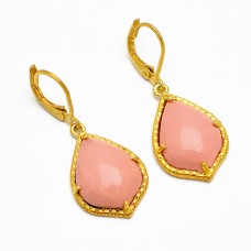 Pear Cabochon Pink Opal Gemstone 925 Sterling Silver Gold Plated Designer Clip-On Earrings