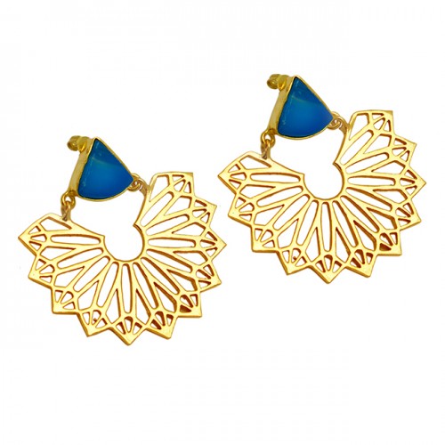 Triangle Shape Blue Quartz Gemstone 925 Sterling Silver Gold Plated Filigree Style Stud Earrings