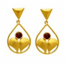 925 Sterling Silver Red Garnet Round Gemstone Handcrafted Dangle Gold Plated Stud Earrings