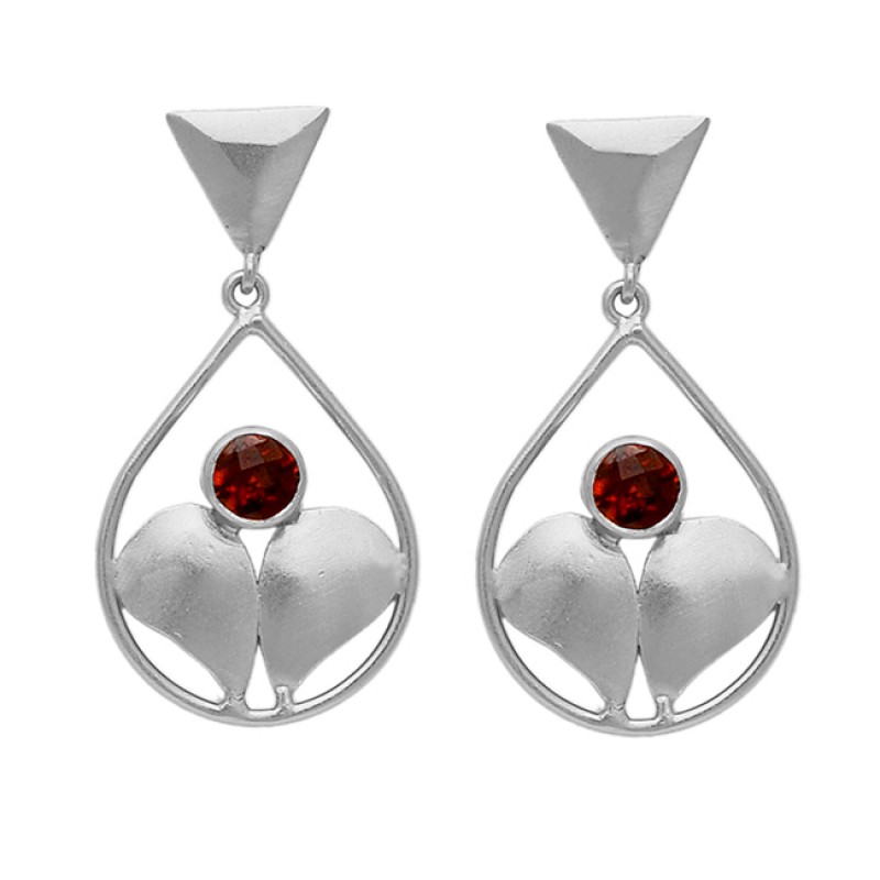 925 Sterling Silver Red Garnet Round Gemstone Handcrafted Dangle Gold Plated Stud Earrings