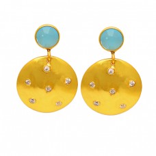 Chalcedony Cubic Zirconia Gemstone 925 Sterling Silver Gold Plated Stud Dangle Earrings