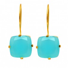 Cushion Shape Aqua Chalcedony Gemstone 925 Sterling Silver Gold Plated Fixed Ear Wire Earrings