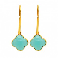 925 Sterling Silver Carved Flower Shape Chalcedony Gold Plated Dangle Earrings