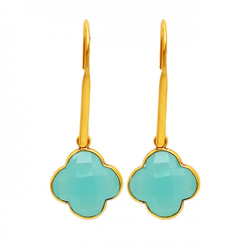 925 Sterling Silver Carved Flower Shape Chalcedony Gold Plated Dangle Earrings