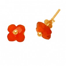 Carved Flower Shape Carnelian Gemstone 925 Sterling Silver Gold Plated Stud Earrings