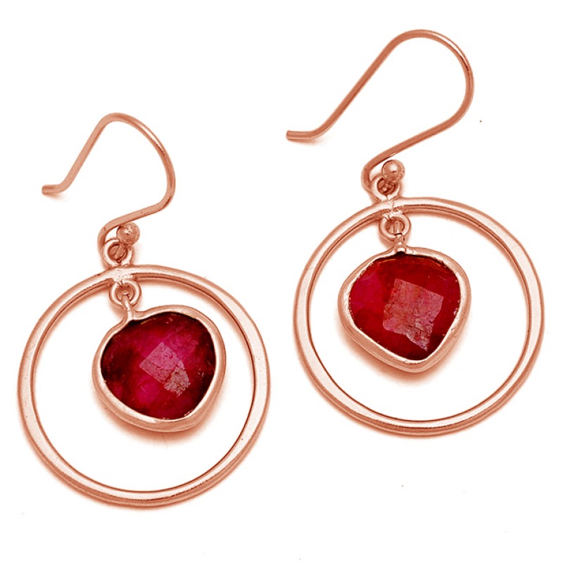 Ruby Heart Shape Gemstone 925 Sterling Silver Gold Plated Dangle Handmade Earrings