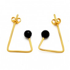 925 Sterling Silver Black Onyx Round Balls Shape Gemstone Gold Plated Hoop Earrings