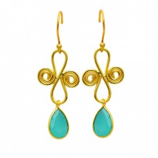 Aqua Chalcedony Pear Shape Gemstone 925 Silver Gold Plated Designer Earrings