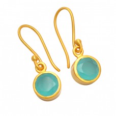 Faceted Round Shape Chalcedony Gemstone 925 Sterling Silver Gold Plated Earrings