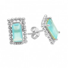 Rectangle Shape Aqua Chalcedony Gemstone 925 Sterling Silver Gold Plated Stud Earrings