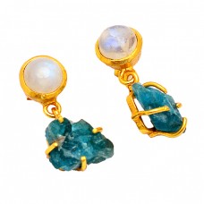 Rainbow Moonstone Apatite Rough Gemstone Gold Plated Stud Dangle Earrings