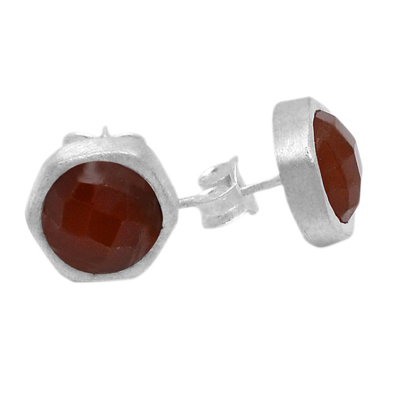 Briolette Round Red Onyx Gemstones 925 Sterling Silver Stud Earrings